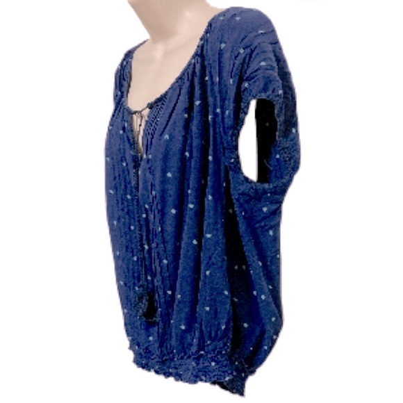 RED CAMEL Boho Bohemian Blue with Stars Ribbon Neckline Top Blouse Womens Large - Picture 2 of 14